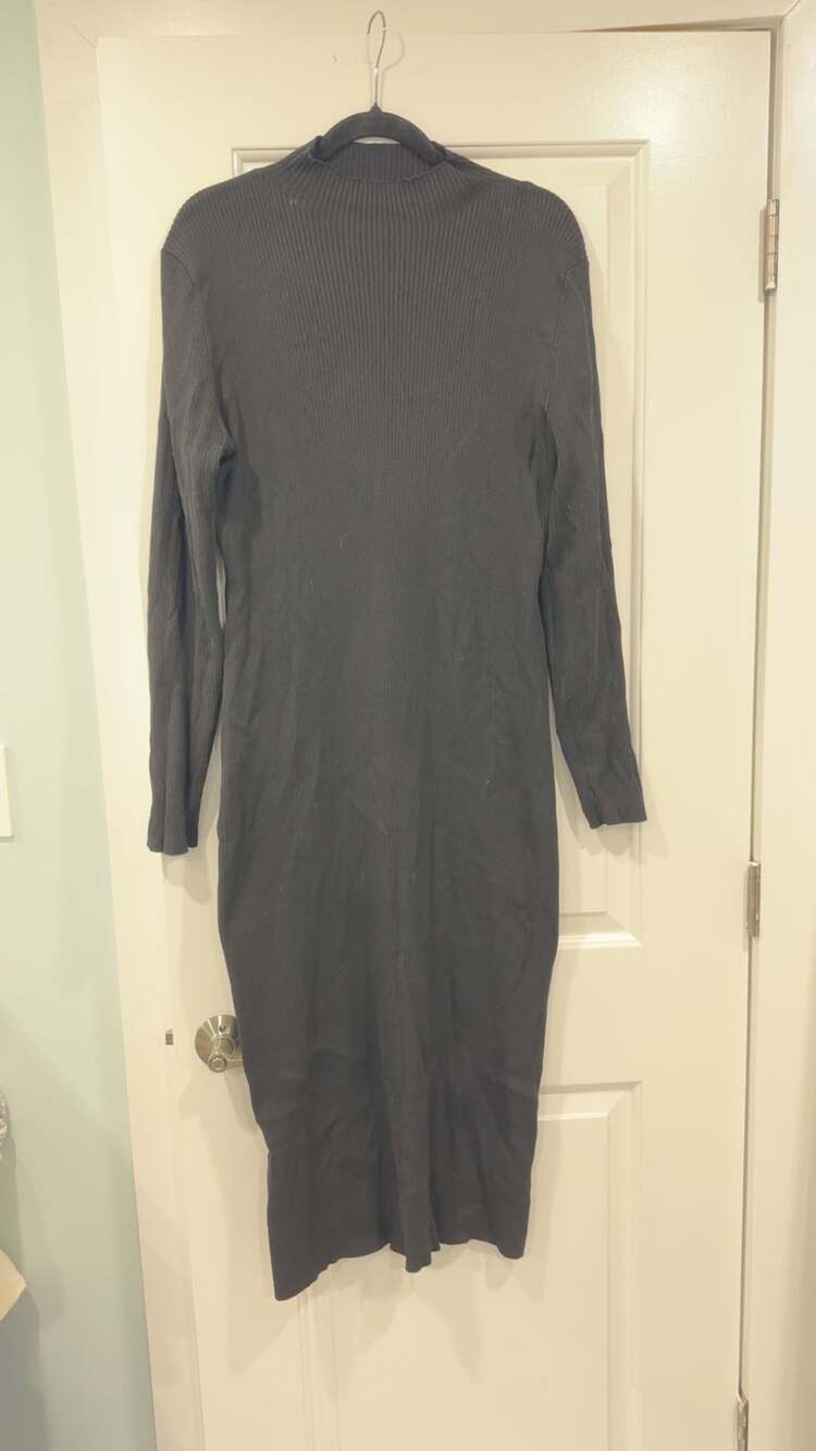 H&M Black Ribbed Knit Mock Neck Long Sleeve Midi Dress